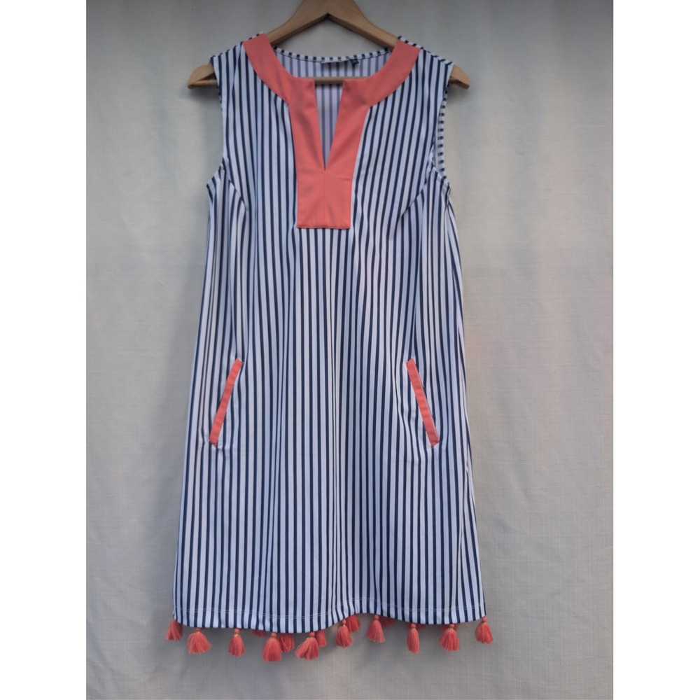 Cabana Life Resort Dress Small Nautical Striped Tassel Hem Beach Coverup Sun UPF